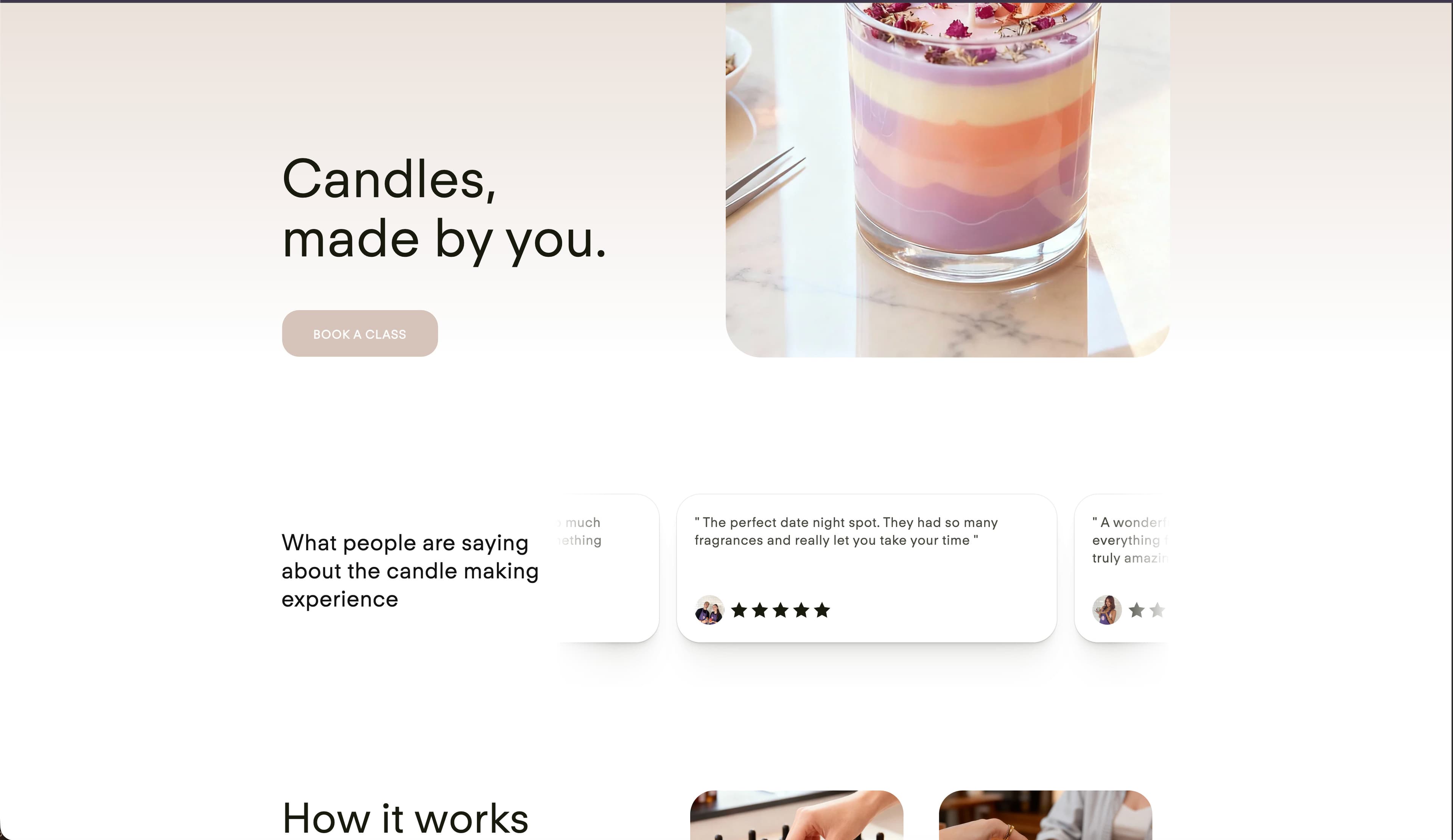 Candle Making Class homepage with booking options